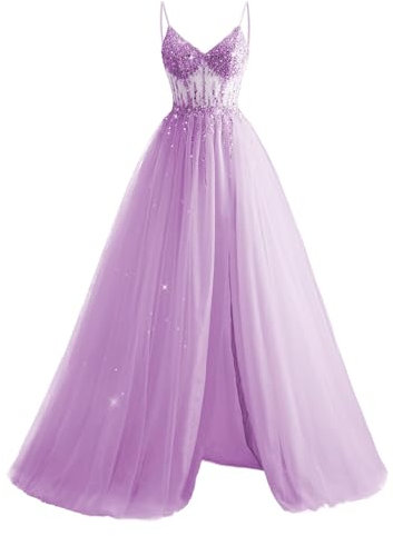 JIIL Glitzer Tüll Abendkleider Lang - Damen Perlen Spaghetti-Träger Ballkleider mit Schlitz Flieder 40