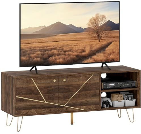 HOMCOM TV Stand Cabinet for up to 60 Inch TV, Modern 130cm TV Unit with Adjustable Shelves and Hairpin Legs, Double Door TV Cabinet for Living Room, Bedroom, Brown