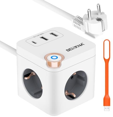 Steckdosenwürfel USB C Mehrfachsteckdose Steckdosenleiste 3-Fach Steckerleiste Überspannungsschutz Steckdose Mehrfachstecker Cube Würfel Steckdosen mit Schalter für Büro Hause 2M Kabel 1,5mm², Weiß