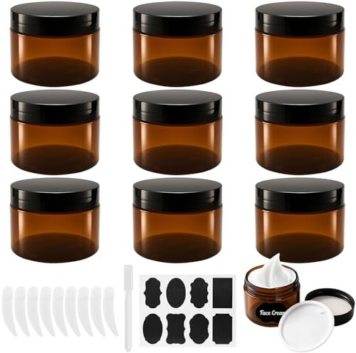 Ysimple 9 Pcs Ambre Pots de Crème Vides, 120ml Plastique Contenants Cosmétiques avec étiquettes et Spatule, Réutilisable Pots de Voyage avec Couvercle et Liner (9 Pcs-120ml)