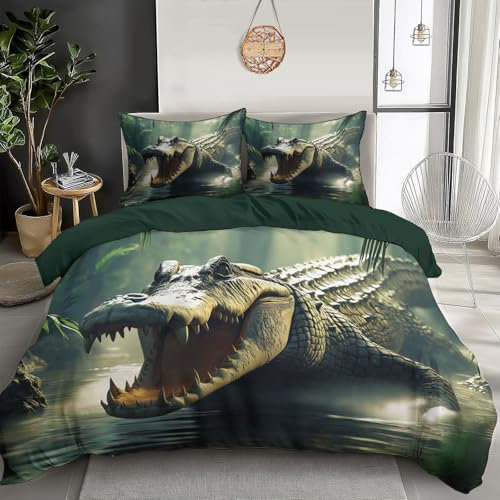 DLERFLOVR Bettwäsche Krokodil - Bettwäsche Sets 155x220cm 3teilig Bedding Dschungel mit Reißverschluss und Kissenbezug 80x80 cm, Bügelfrei und Weich
