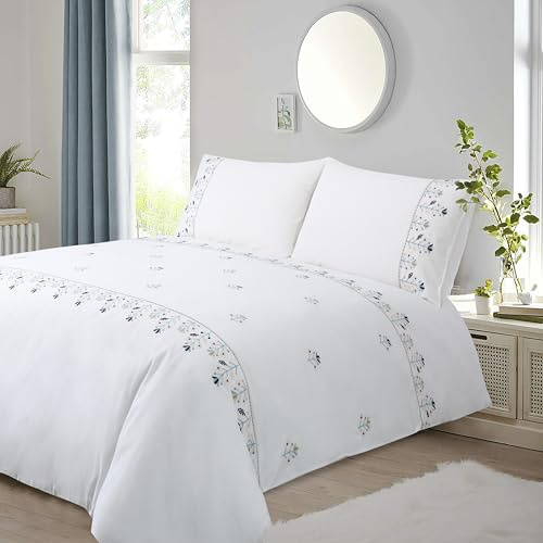 Double Duvet Cover White Bedding Floral Embroidered Cute Bedding Cotton | Quilt Cover Flower Soft Breathable with 2 Pillowcases 200X200 cm 3 Pieces Duvet Set