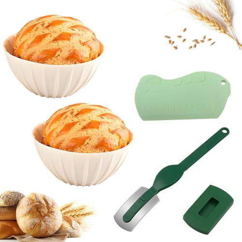 Qixuer 2 White 13cm Round Bread Banneton Proofing Basket for Sourdough, Bread Proofing Basket with Silicone Green Dough Scraper + Green Knife for Artisan Bread Making Starter