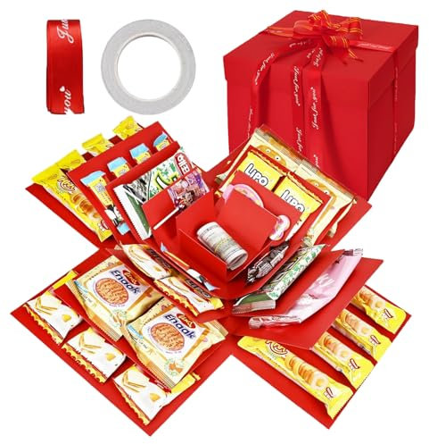 5-Lagige Explosionsbox DIY | Überraschungsbox & Surprise Box mit Klebeband + Band | Mehrzweck Geschenkbox für Geburtstag, Weihnachten, Valentinstag, Hochzeit & Jubiläum (Rot)