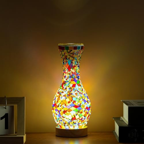 Maimeili Retro türkische Mosaik Vase Lampe türkische marokkanische Tischlampe bunte handgefertigte Glasvase mit Holzbasis für Blumen USB Lade Dekor Licht für Schlafzimmer Umgebung Wohnzimmer