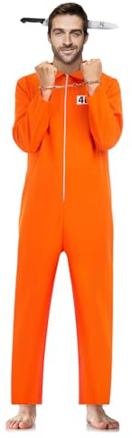 Phestival 3 IN 1 Halloween Costumes Men - Prisoner Jumpsuit Costume, Scary Headband, prisoner Handcuffs, Orange prisoner costume - Halloween costumes for men [Size-S]