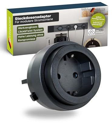 SCHWAIGER Steckdosenadapter für modulare Stromschiene Haushaltsstecker USB Ladeadapter Click & Twist System 680W/20W VDE Zertifiziert Ø 62 mm werkzeuglose Montage Schwarz