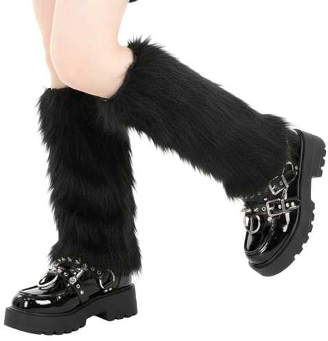 APLZGMG Y2K Kunstpelz Beinwärmer Schwarz Plüsch Beinwärmer Beinstulpen Damen, Leg Warmers, Flauschig Plüsch Stiefelsocken, Furry Kostüm für Winter, Karneval, Weihnachten, Mottoparty, Verkleidung