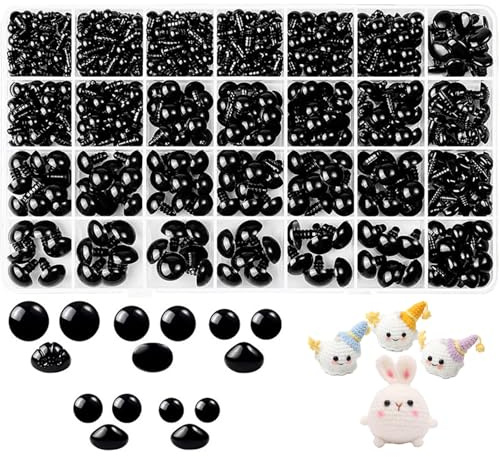 Foonary 1002 Stück Kunststoff Knopfaugen, 6-14mm Sicherheitsaugen für Häkeltiere, 9-12mm Sicherseitsnasen für Plüschtiere, Puppenaugen mit Unterlegscheiben, DIY Spielzeuge Zubehör Schwarz