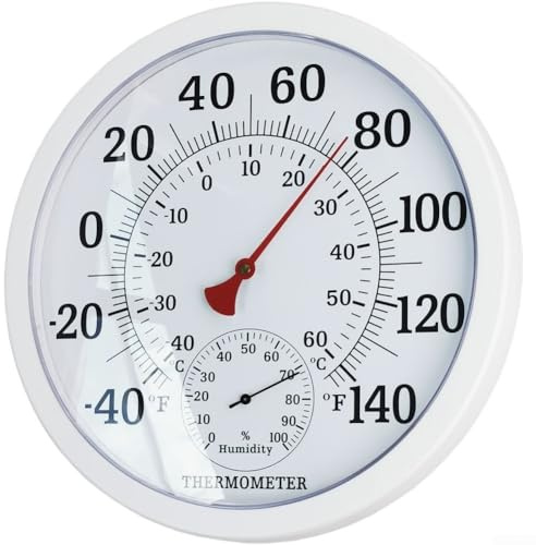 Thermometer mit Doppelskala, für Innen- und Außenbereich, mit Luftfeuchtigkeitsmesser, groß, rund, analog, für den Einsatz in Haus, Terrasse, Garage und Gewächshaus, Weiß