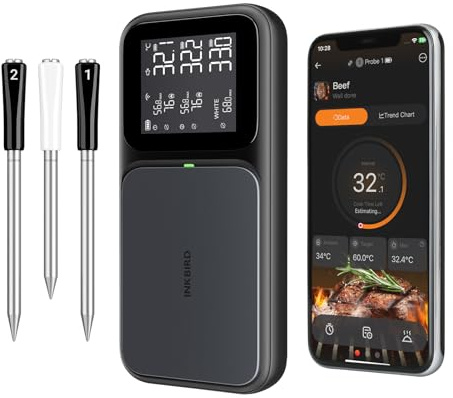 Inkbird Fleischthermometer kabelloses 3 Sonden mit Multisensor-Sensoren | WiFi 5G und Bluetooth 5.4, IP67 wasserdicht , INT-33-BW Grillthermometer, Bratenthermometer für BBQ, Backofen, Grill, Küche