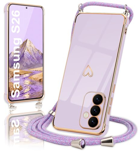 Micoden Coque pour Samsung Galaxy S26 Silicone avec Collier Violet | Coque Silicone TPU Galvanisée avec Motif Coeur d'Amour Mignon Etui Housse avec Cordon Tour de Cou Lanière en Corde