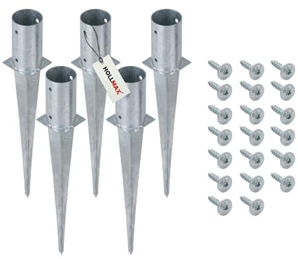 HOLLMAX 5 Stk. Einschlaghülsen/Bodenhülsen rund (81 mm) inkl. Schrauben, silber verzinkt, für gefräste und teilgefräste Pfosten