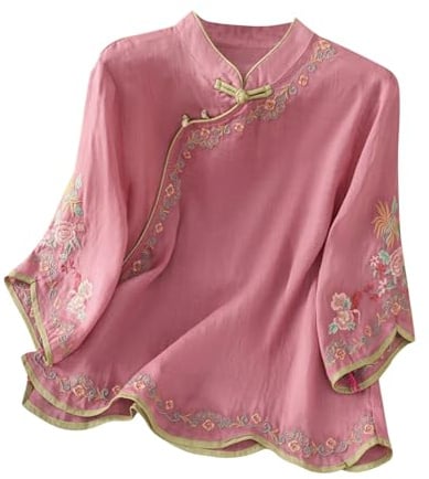 Camisas de manga 3/4 para mujer, elegante blusa bordada floral con estilo chino, botón plegable, ligera, oriental, ropa tradicional china, estilo étnico vintage