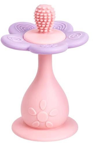 Farout! Beißring Baby in Blumenmotiv, BPA-frei, Greifring mit Saugnapf, Montessori Spielzeug ab 3 Monate, für Jungen und Mädchen (Rose Pink)