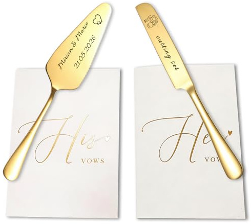 UGU Personalised Wedding Cake Knife and Server Set with Vow Cards Custom Engraved Cake Cutter & Cake Slice Set, Stainless Steel Cake Slice for Weddings, Anniversaries，Gold：2