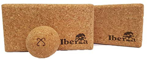 Iberia Yoga Block aus Kork, Fitness 2er Set Blöcke, 1 Massagekugel, Faszienkugel 65 mm Durchmesser aus Kork, vegan