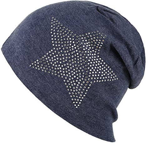 Yixda Warme Strickmütze Beanie Cap Long Slouch Winter Mütze mit Stern Strass (Navy)