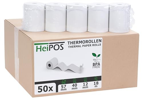 HeiGroup HeiPOS - 50x Kassenrollen Thermorollen - 57 mm x 18 m x 12 mm - 55 g/m² Papier - Für EC-Cash, Kreditkarten Kassensysteme und mehr
