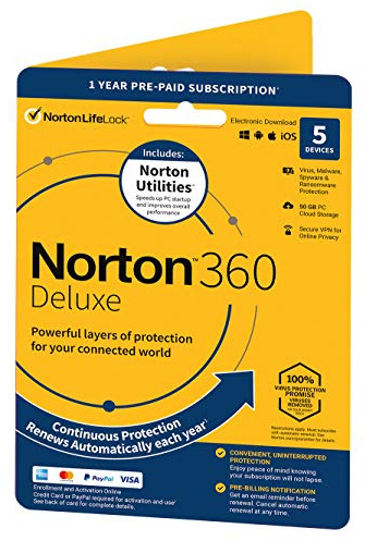 Norton 360 Deluxe 2021, Antivirus Software For 5 Devices and Utilities, 1-year Subscription with Automatic Renewal, Includes VPN and Password Manager, PC/Mac/iOS/Android, Activation Code by Post