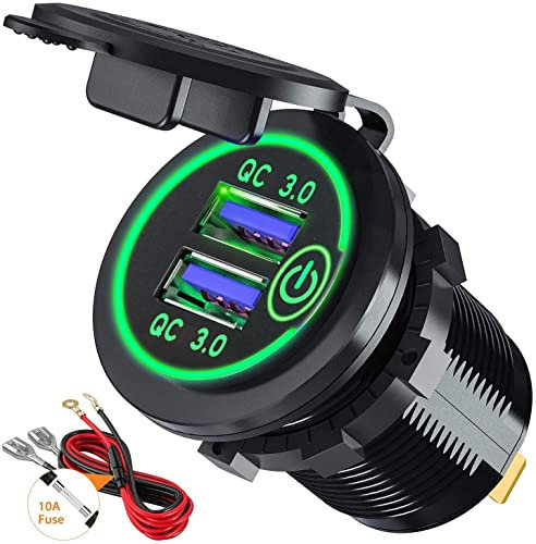 GemCoo QC3.0 Presa Doppio USB per Auto con Interruttore Touch 12V / 24V 36W 2 Porte Caricabatteria Impermeabile LED Indicazione (Verde)