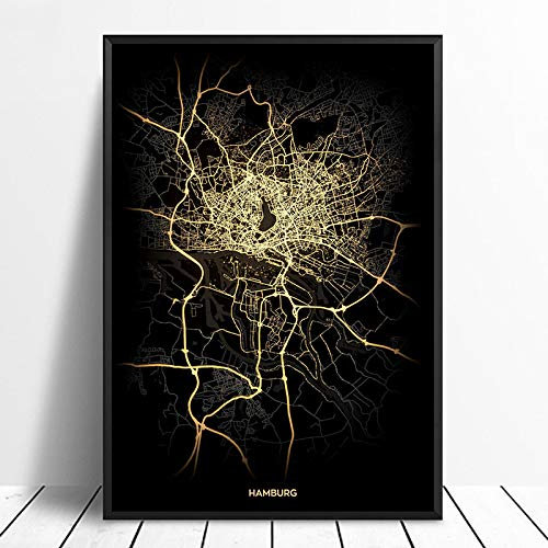 SONG Leinwand Bild, Hamburg City Light Maps Benutzerdefinierte Weltstadtplakate Poster Leinwanddrucke Wandkunst im nordischen Stil,60X90CM
