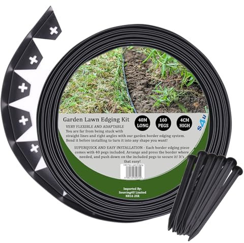 Lawn Garden Edging Border with Heavy-Duty Ground Stakes 131ft | 40M Black 4CM High Flexible Flower Bed Edge and Plastic Pegs, Professional Landscape Divider