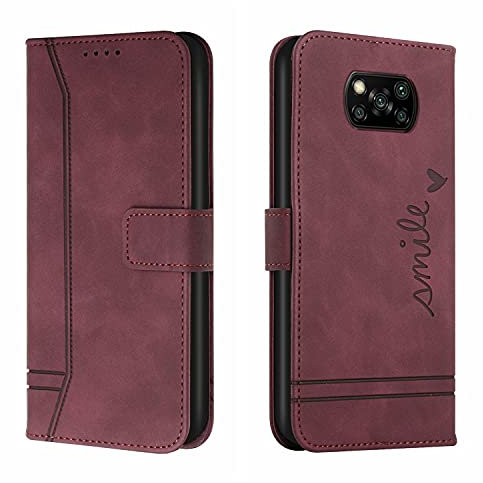 QIWEIQING Funda Compatible con Xiaomi Poco X3 NFC, Funda Libro Protectora con Carcasa de TPU, Soporte Plegable, Ranura para Tarjeta, Funda de Cuero PU para Xiaomi Poco X3 Pro Red Wine HX