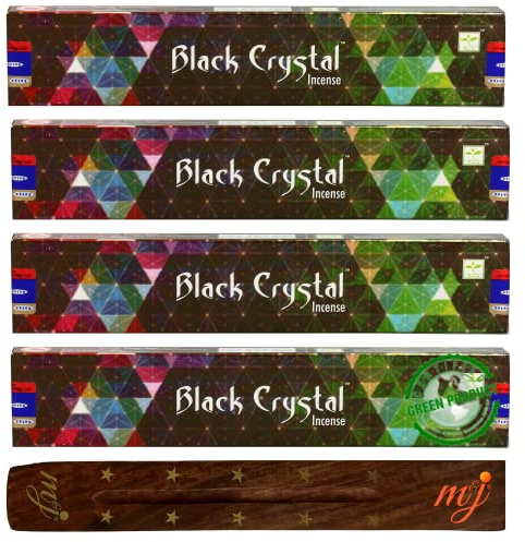 Original Satya Nag Champa Black Crystal Incense Sticks | with M&J incense sticks holder | x4 pack | for Aromatherapy, Spa, Yoga, Weddings, Meditation, Healing, Positivity and Relaxation