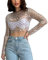 YILEEGOO Women See Through Mesh Pearl Long Sleeve Crop Top Beaded Sequin Sparkle Sheer T-Shirt Swimsuit Cover Up (Silver, L)