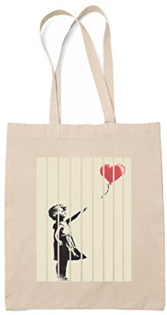 Maikomanija Banksy Schultertasche für Mädchen, Ballon, umweltfreundlich, wiederverwendbar, Baumwoll-Leinen, waschbar, Einkaufstasche, natur, Einheitsgröße