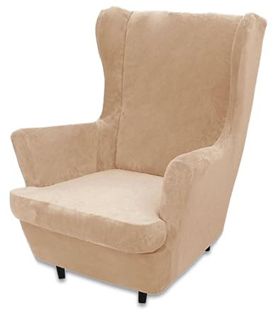 Ohrensessel Überzug Samt 2-Teilig, Elastisch Sesselbezug Mit Armlehne, Hohe Rückenlehne Schonbezüge, Stretch Tiger Stuhlbezug, Wheat