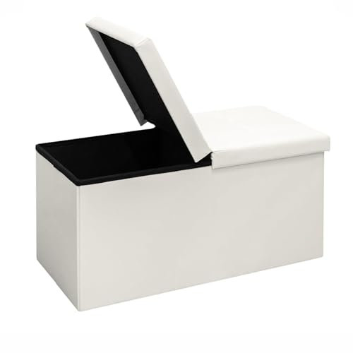 Bonlife Folding Storage Ottoman Bench with Flipping Lid, Entryway Bench with Padded Seat,White Faux Leather Ottoman for Bedroom,76x38x38cm