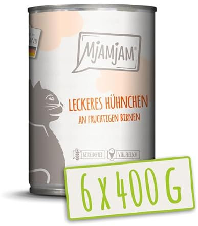 MjAMjAM – Premium Nassfutter für Katzen - leckeres Hühnchen an fruchtigen Birnen 400g, 6er Pack (6 x 400g), naturbelassen mit extra viel Fleisch