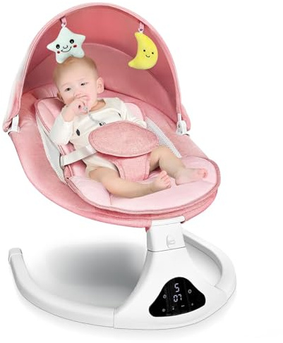 Electric Baby Swing with Remote Control - 5 Natural Motion Speeds, Detachable Seat Pad | Portable Infant Swing for Indoor/Outdoor Use (0-12M, 20lbs) (Pink)