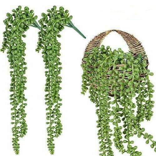 2pcs Fake Hanging Plants,Artificial Hanging Potted String of Pearls Succulent Plants Green Small Faux Plants for Indoor Outdoor Shelf Wall Decor