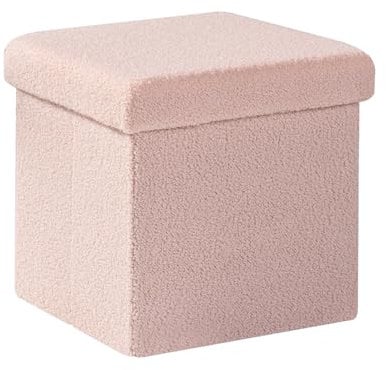Bonlife Folding Storage Ottoman with Lid, Foot Rest Stool Seat Sherpa Ottoman with Storage for Bedroom,Living Room,Dorm,Kids Room (Pink, 32cm)