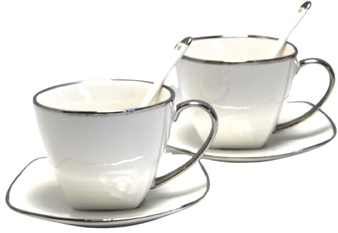 Queen Isabell Kaffeetassen-Set mit Untertassen und Löffel 2 Stück Porzellanset, Knochenporzellan, 250ml (Weiß/Silber)