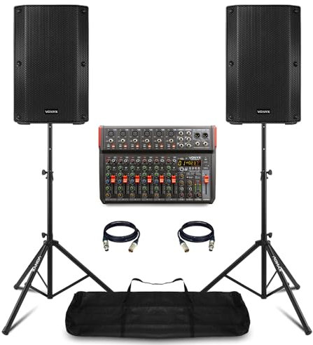 VONYX VSA10BT Live Sound PA System with Dual 10 Active Speakers, 10-Channel Mixer, Bluetooth, USB Audio Interface, DSP Effects & Speaker Stands – Band, DJ, Event & Church PA System Setup