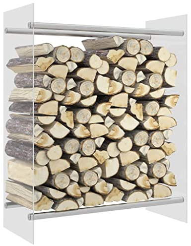 prissent Holzhalter 80 x 35 x 100 cm aus Glas Holzhalter für den Innenbereich Holztür Kamin Holz aus Metall Holzregal Metall Kaminholzregal modern Holzhalter Glas transparent