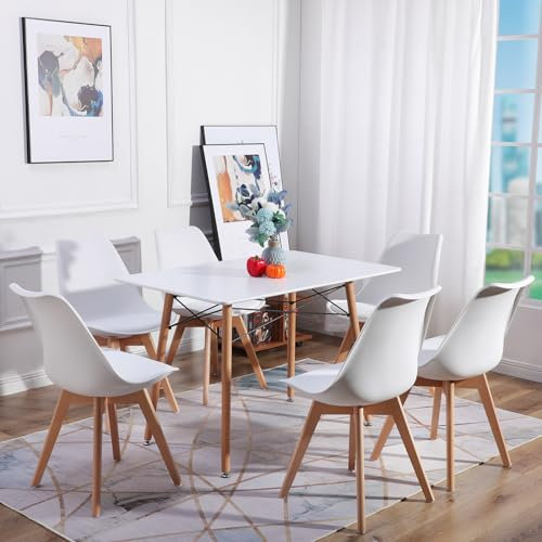 LafeuR Essgruppe Esstisch mit 6 Stühlen, 6er Set Esszimmerstühle und Rechteckig Küchentisch Esszimmergruppe Sitzgruppe für Esszimmer Küche Wohnzimmer Büro(Weiß Tisch + 6 Weiß Stuhl)