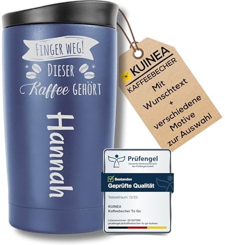 KUINEA Thermobecher personalisiert [100% auslaufsicher] Kaffeebecher To Go personalisiert 350ml, Kaffeebecher mit Gravur, Coffee To Go Becher personalisiert, kaffeebecher personalisiert blau