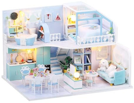 Habbari Miniaturhaus – Kreatives DIY Set zum Basteln – Originelles Geburtstagsgeschenk für Kinder & Erwachsene – Bezauberndes 3D Modell – Puppenhaus 1:24 - Motiv Blauer Himmel