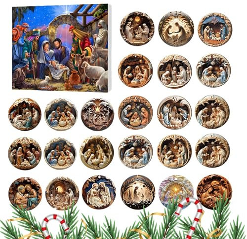 Krippe Adventskalender 2024, Weihnachten Urlaub Adventskalender, Adventskalender Krippe Ornamente, Flach Krippe Dekorationen, Adventskalender mit 24 Acryl Anhänger