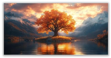 BOHUO Giallo, grigio Quadro Albero della vita Stampa su Tela XXL, Lago di montagna Quadri Murale Moderno Grafica Decorazioni da Parete Pittura Decori-70x140cm Non incorniciato