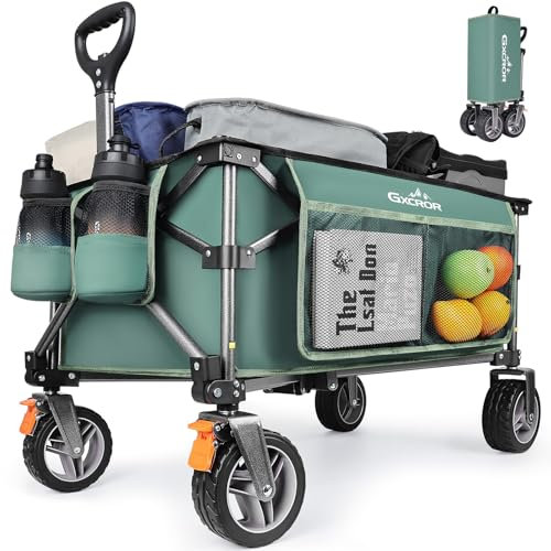 GXCROR Folding Trolley Cart - 140L Heavy Duty Collapsible Wagon with Removable 14.5cm diameter & 6cm Wide Wheels for Camping, Beach, Gardening, 130kg Capacity
