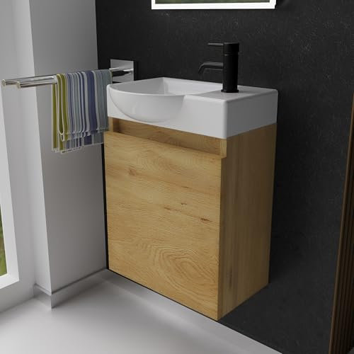 Alpenberger Gäste WC Waschbecken mit Unterschrank | Kleines Badmöbel 45 cm Breit | Waschtisch mit Waschbeckenunterschrank (Eiche Natur, Waschbecken - Linke Seite)