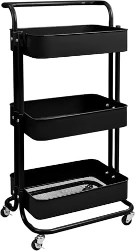 PATUKSHOP Carro De Cocina Metalico con Ruedas. Carrito Auxiliar Multiuso.3 Cajones de Almacenamiento. 85x43x37cm. Ideal para Frutas, Verduras, Cocina, Salón, Oficina. Color Negro