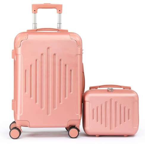 LEADZM Set de 2 Valises de Voyage avec Vanity Case, Valise Grande Taille, Valise Cabine, Set de Bagage pour Voyage, ABS avec Coins Renforcés, Rayures Verticales en Forme de Losange - Or Rose