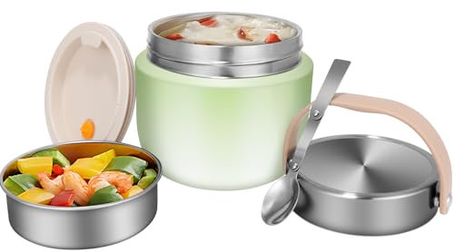 Insulated Food Flask, 1200ml Extra Large Capacity, Stainless Steel Thermal Container with Folding Spoon, Green